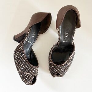 Vintage Prada Brown Leather Tweed Peep Toe Heels Size EU 37.5 Sculpted Heel